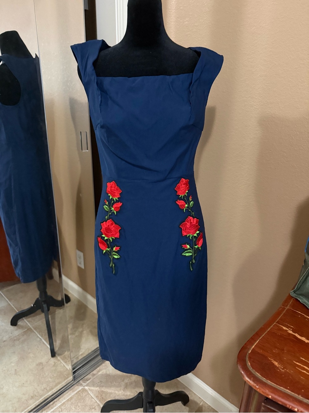 Navy Midi Dress with Red Rose Embroidery
